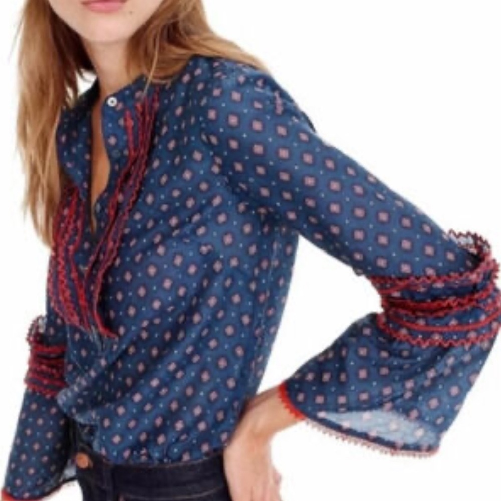 J. Crew Navy Printed Peasant Blouse with Red Trim